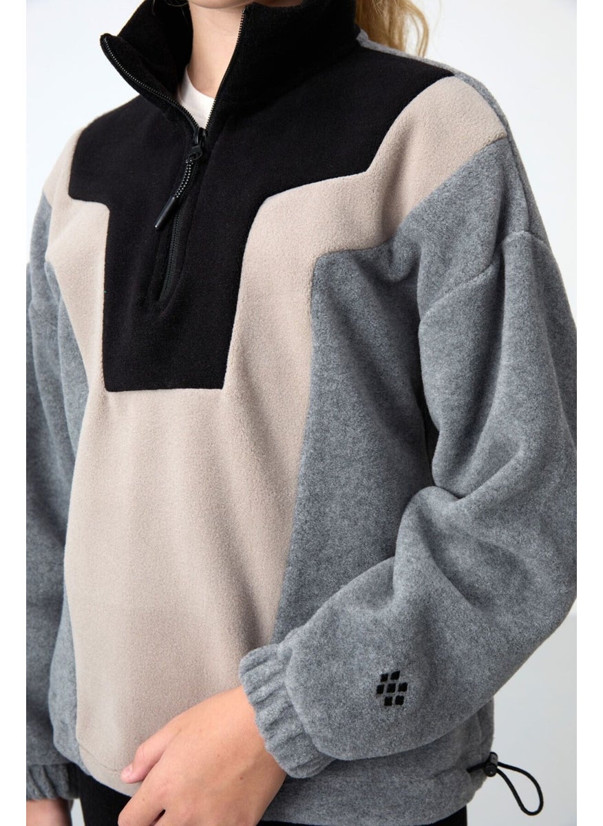 Tommy Life - Gray Melange Thick Soft Texture Oversize Embroidered Polar Fleece Girls Sweatshirt - 75153 - Image 1