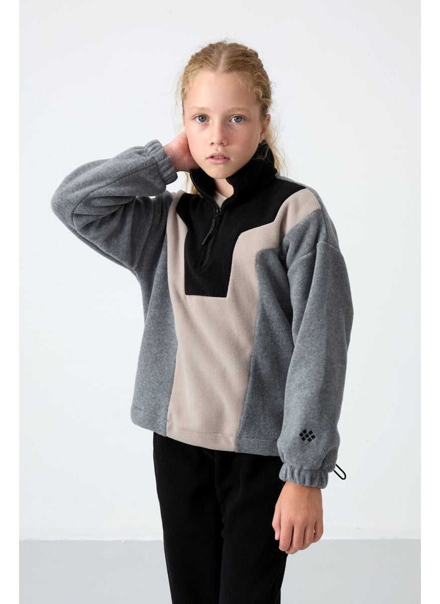 Tommy Life - Gray Melange Thick Soft Texture Oversize Embroidered Polar Fleece Girls Sweatshirt - 75153 - Image 1