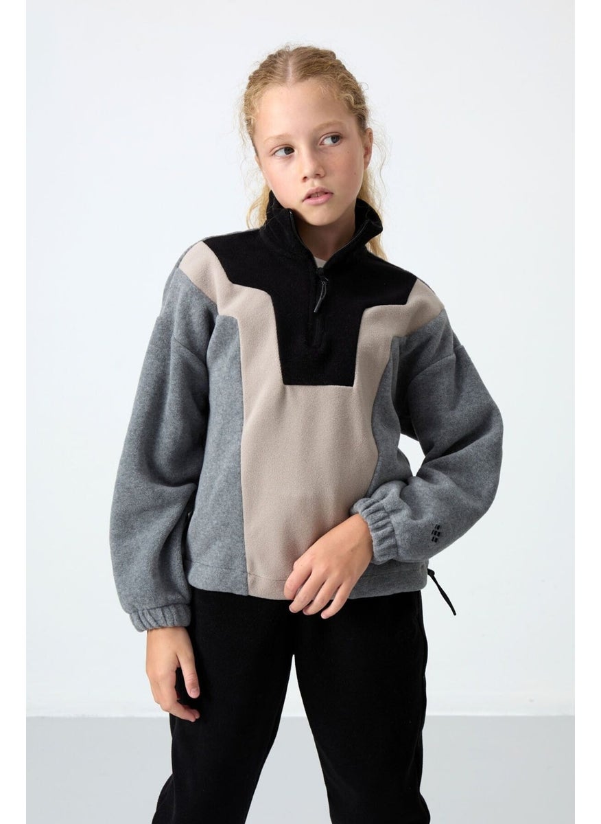 Tommy Life - Gray Melange Thick Soft Texture Oversize Embroidered Polar Fleece Girls Sweatshirt - 75153 - Image 1