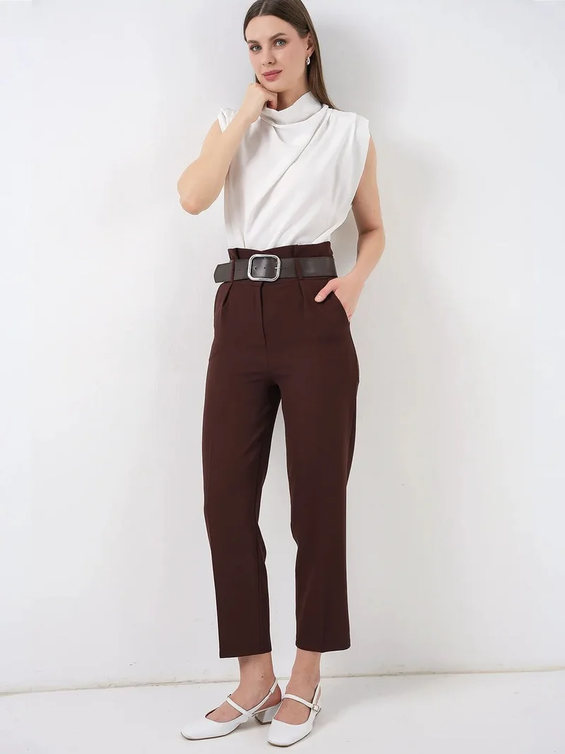 Big Dart Mocha Brown BDART Ankle Length Straight Pants with Bow for Women | Best Price UAE