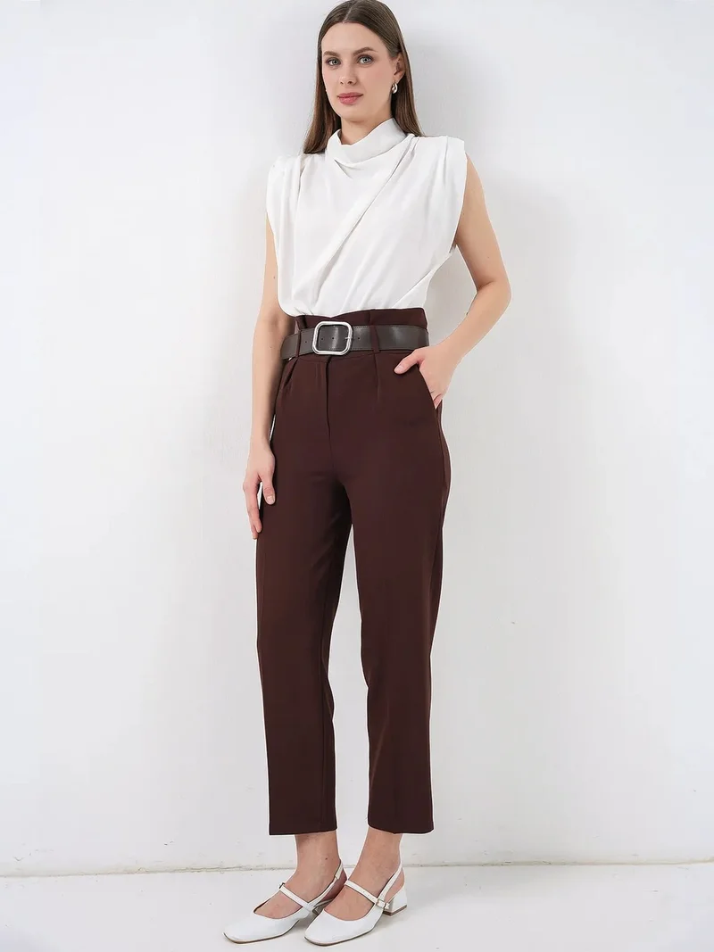 Big Dart Mocha Brown BDART Ankle Length Straight Pants with Bow for Women | Best Price UAE