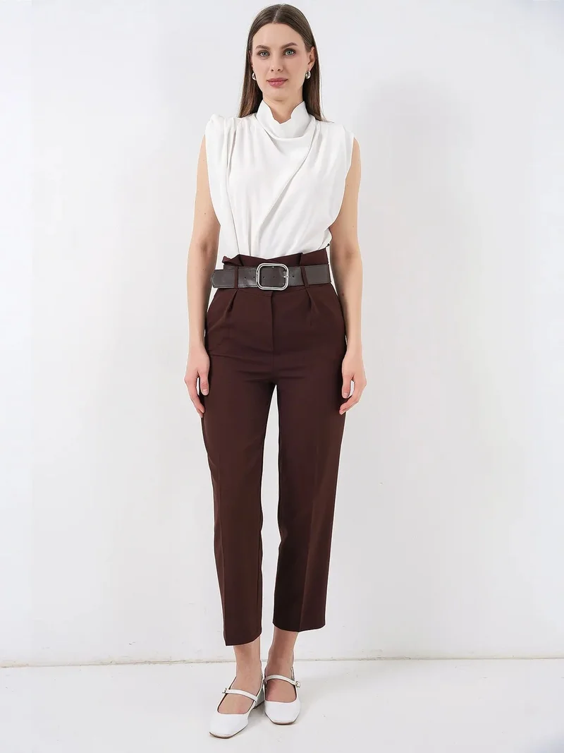 Big Dart Mocha Brown BDART Ankle Length Straight Pants with Bow for Women | Best Price UAE