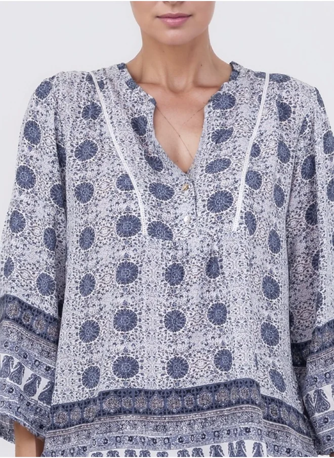 ZABAIONE Boho Print V-Neck Blouse - Blue and White