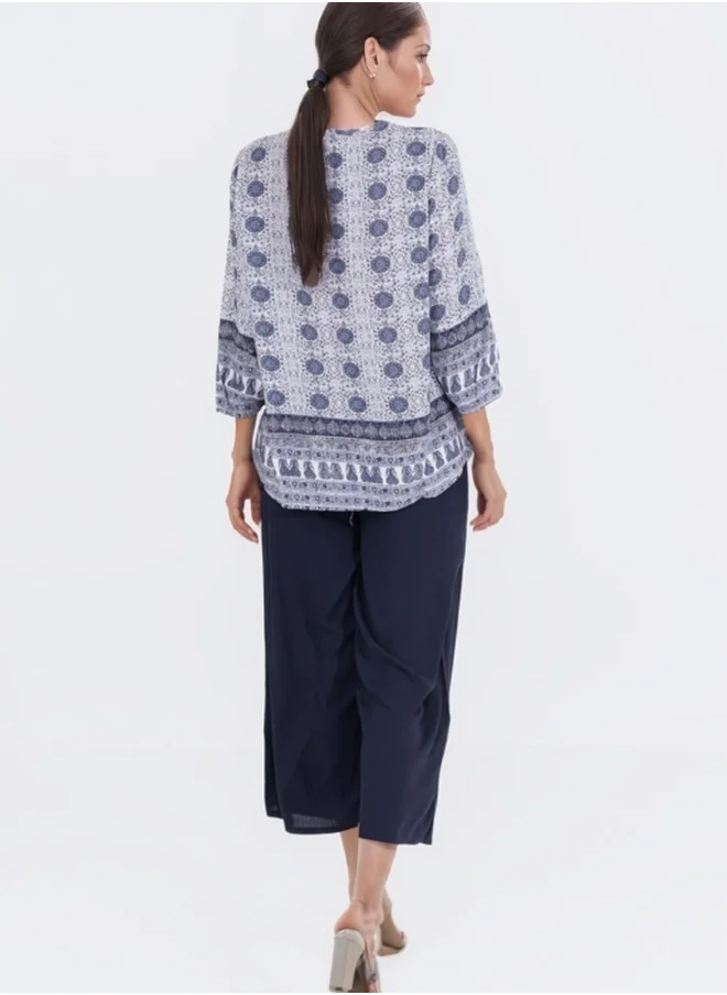 ZABAIONE Boho Print V-Neck Blouse - Blue and White