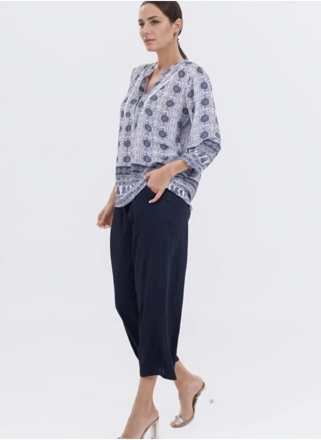 ZABAIONE Boho Print V-Neck Blouse - Blue and White