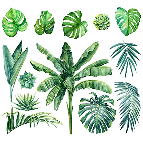 MEFOSS Watercolor Green Palm Tree Leaves Wall Decals DIY Botanical Tropical Plants Wall Stickers Removable Peel and Stick Monstera Leaf Art Decor for Livingroom Bedroom Office - Image 1