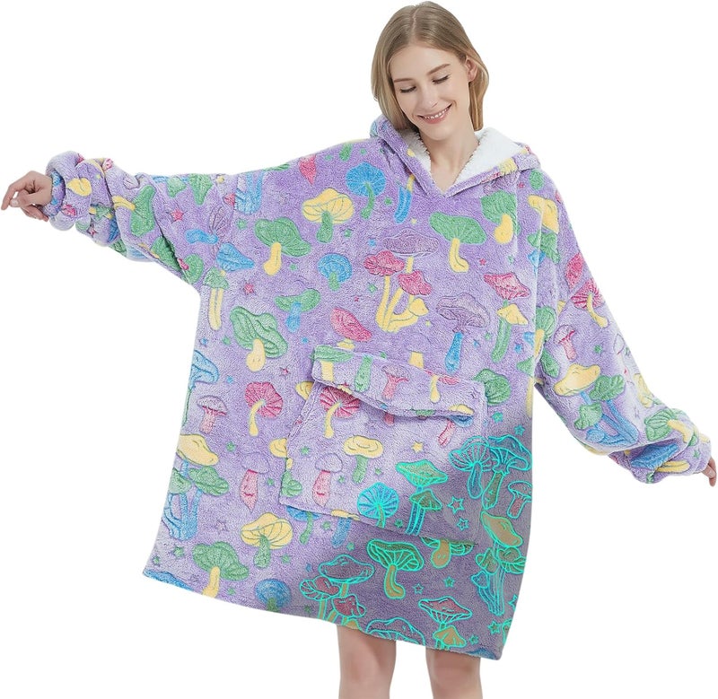 Fiosnow Glow in the Dark Mushroom Blanket Hoodies for Women and Men Adult Oversize Wearable Blanket Hoodies for Soft and Warm - Image 1