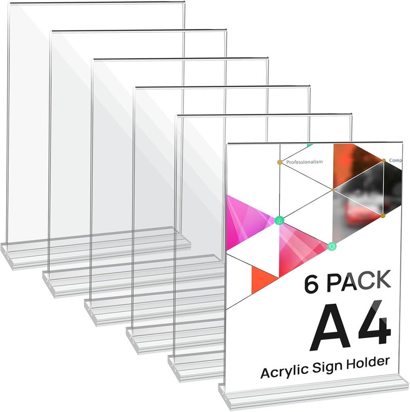 JEFURE Pack of 6 A4 Table Stands, T-Stand Clear Acrylic Stands, Double-Sided Price Tags, Flyer Stand, Menu Card Holder for Wedding, Restaurant, Office, Cafe - Image 1
