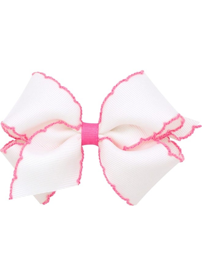 Wee Ones Girls' Classic Grosgrain Moonstitch Edge Hair Bow on a WeeStay Hair Clip, Contrasting Edge, Small, White with Hot Pink - Image 1