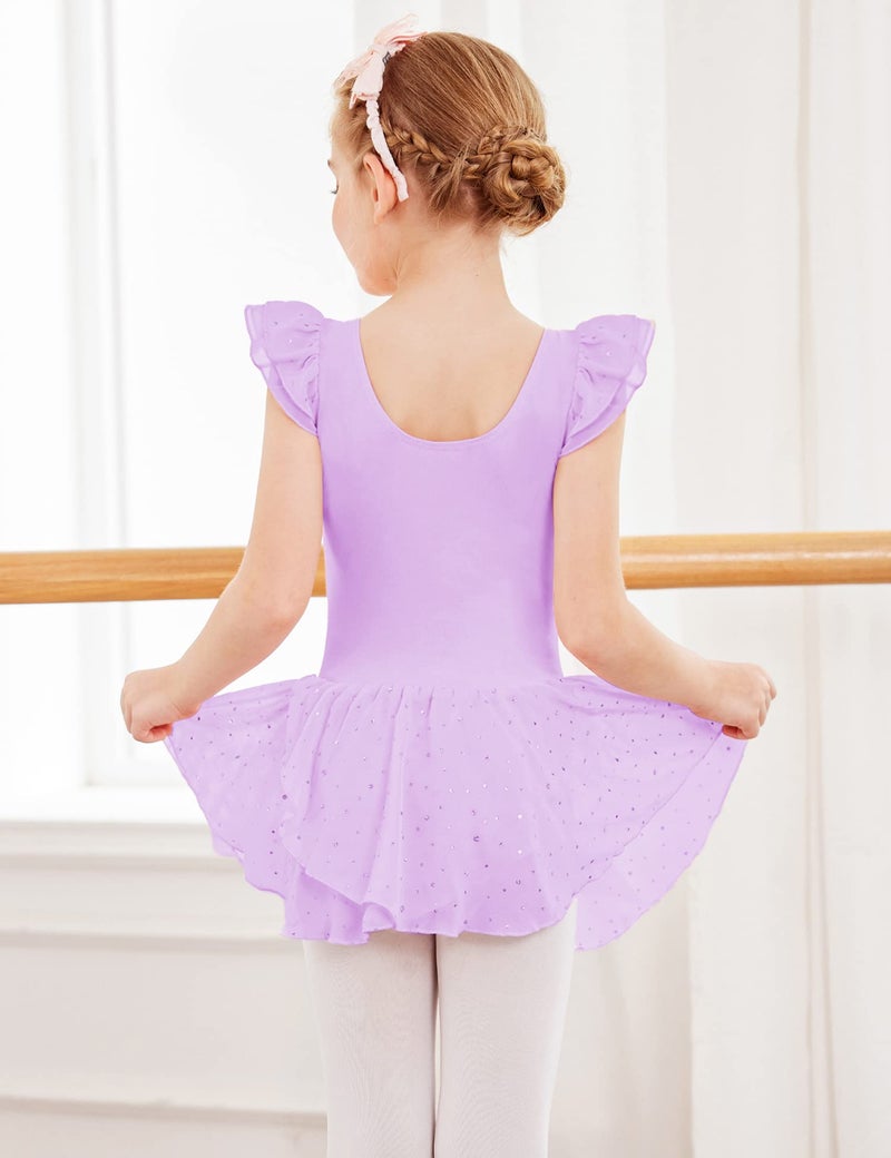Arshiner Girls Ruffle Sleeve Ballet Dance Dress Tutu Skirted Leotard, 6-7 Years, Lilac - Image 3