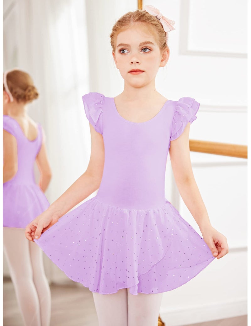 Arshiner Girls Ruffle Sleeve Ballet Dance Dress Tutu Skirted Leotard, 6-7 Years, Lilac - Image 2
