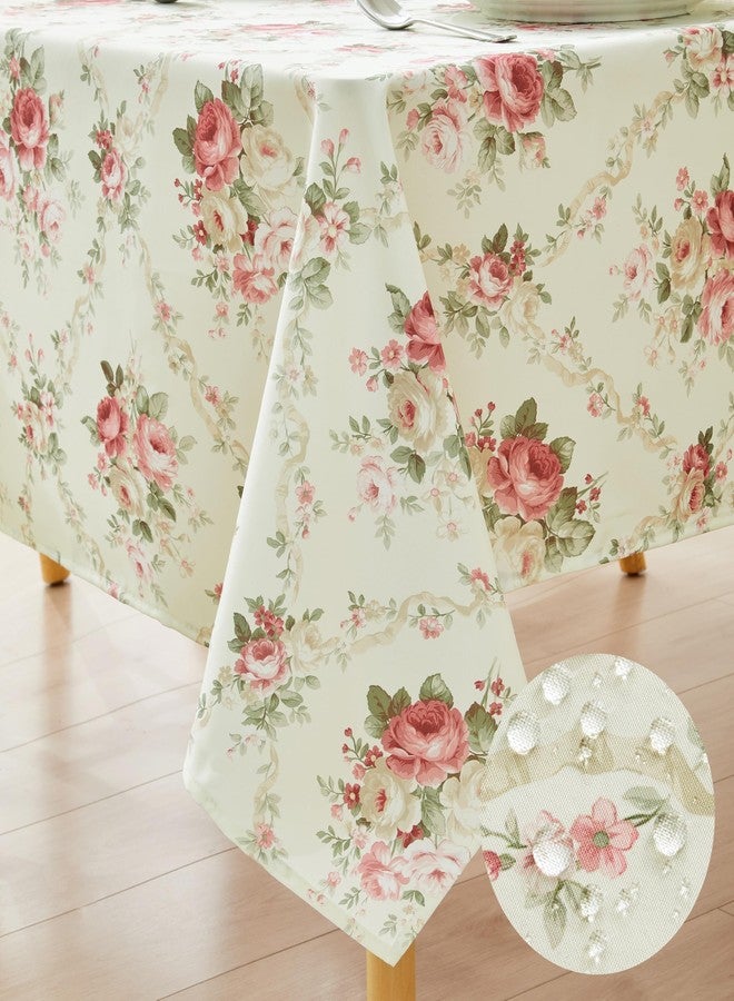 Qahing Pink Floral Tablecloth Shabby Chic Flower Round Table Cloth Spring Vintage Floral Table Cover Waterproof for Dinner Kitchen Picnic, Pink, 60 x 102 Inches - Image 1