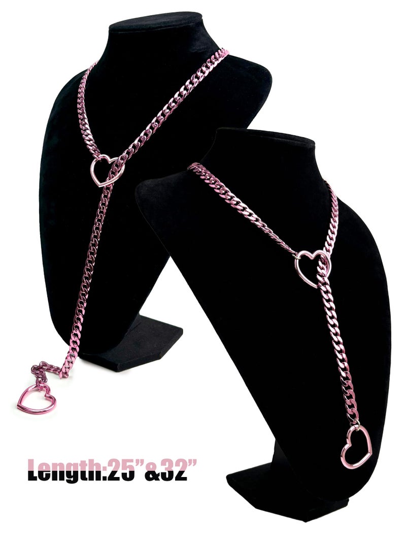 EverGlimp Womens Heart O-Ring Slip Chain Necklace, Punk Rock Stainless Steel Cuban Long Necklace Jewelry For Women, Adjustable Lariat Y-Necklace (32'', Heart-Chain, Pink) - Image 4