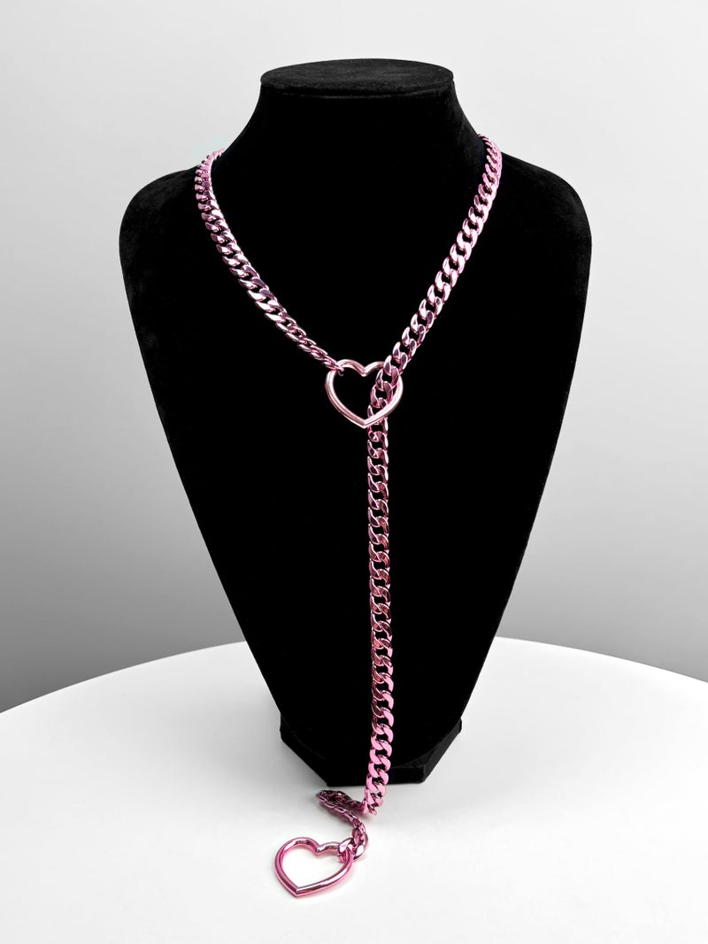 EverGlimp Womens Heart O-Ring Slip Chain Necklace, Punk Rock Stainless Steel Cuban Long Necklace Jewelry For Women, Adjustable Lariat Y-Necklace (32'', Heart-Chain, Pink) - Image 2