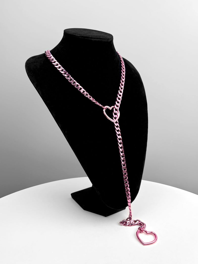 EverGlimp Womens Heart O-Ring Slip Chain Necklace, Punk Rock Stainless Steel Cuban Long Necklace Jewelry For Women, Adjustable Lariat Y-Necklace (32'', Heart-Chain, Pink) - Image 3