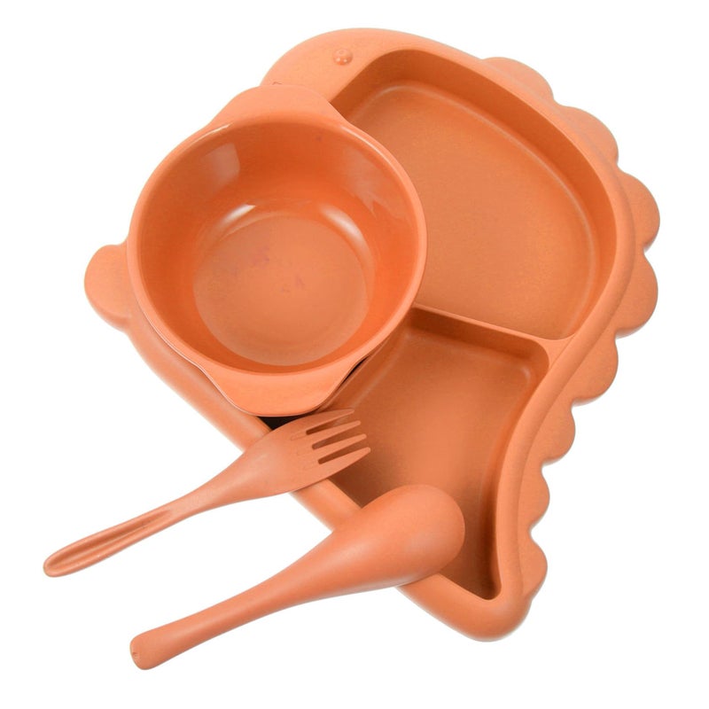 Orange Dinosaur Divided Plate with Bowl Fork Spoon Utensils for Kids - Image 2
