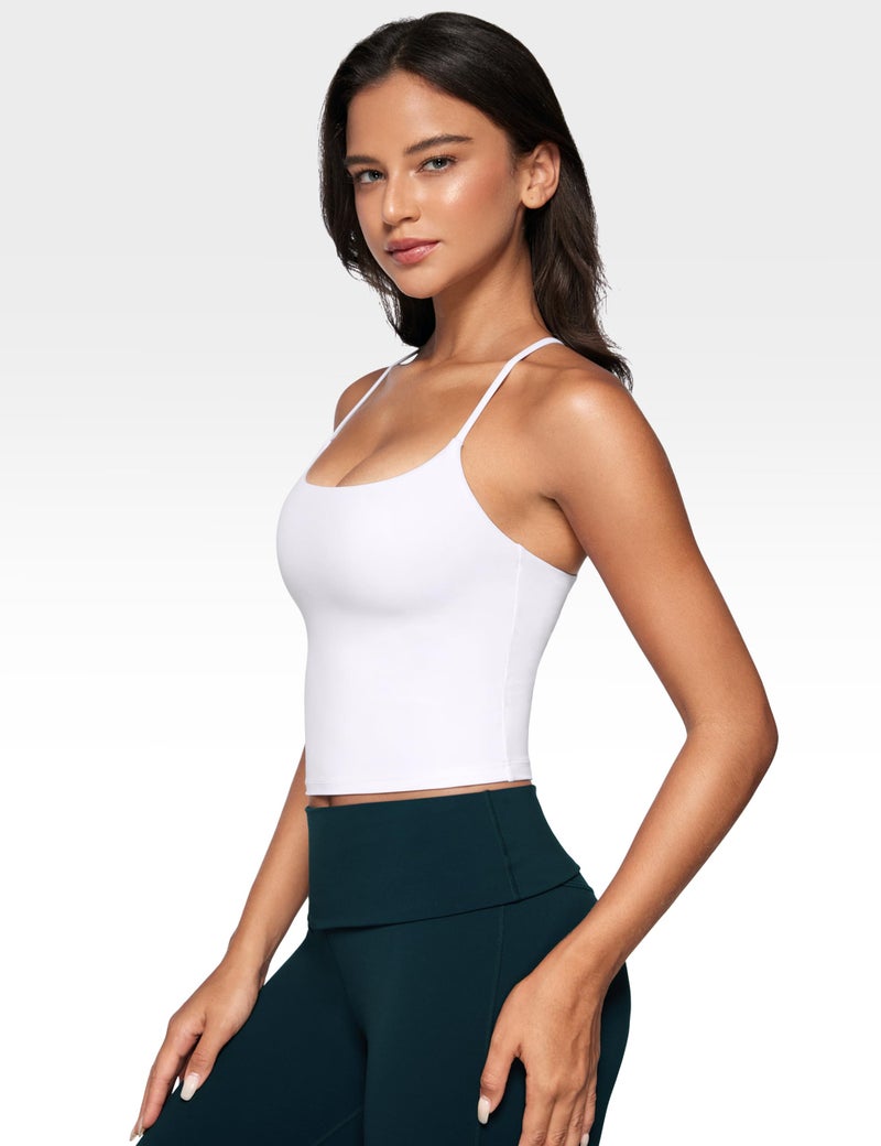 INGIA Womens Low Scoop Neck Tank Tops Built in Bra U Back Workout Tanks Spaghetti Criss Cross Strap Sleeveless Cropped Top White Small - Image 3