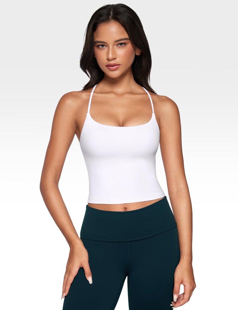 INGIA Womens Low Scoop Neck Tank Tops Built in Bra U Back Workout Tanks Spaghetti Criss Cross Strap Sleeveless Cropped Top White Small - Image 2