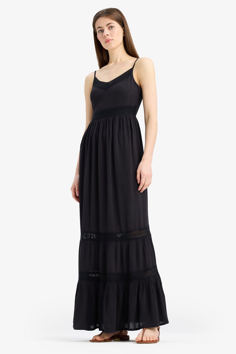 DeFacto Black Woman A Line V Neck Cotton Sleeveless Midi Dress Casual - Image 1