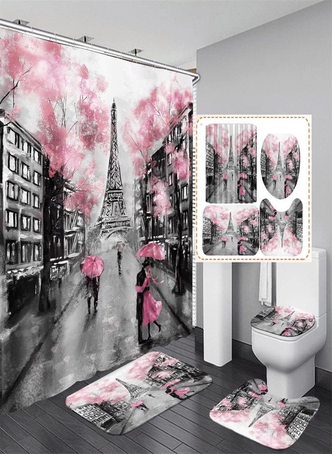 Chrainy 4Pcs Paris Eiffel Tower Pink Shower Curtain Sets Bathroom Set Decor with Non-Slip Rugs Bath U-Shaped Mat Toilet Lid Cover Waterproof Valentine Bathroom Curtains Shower Set with 12 Hooks - Image 1