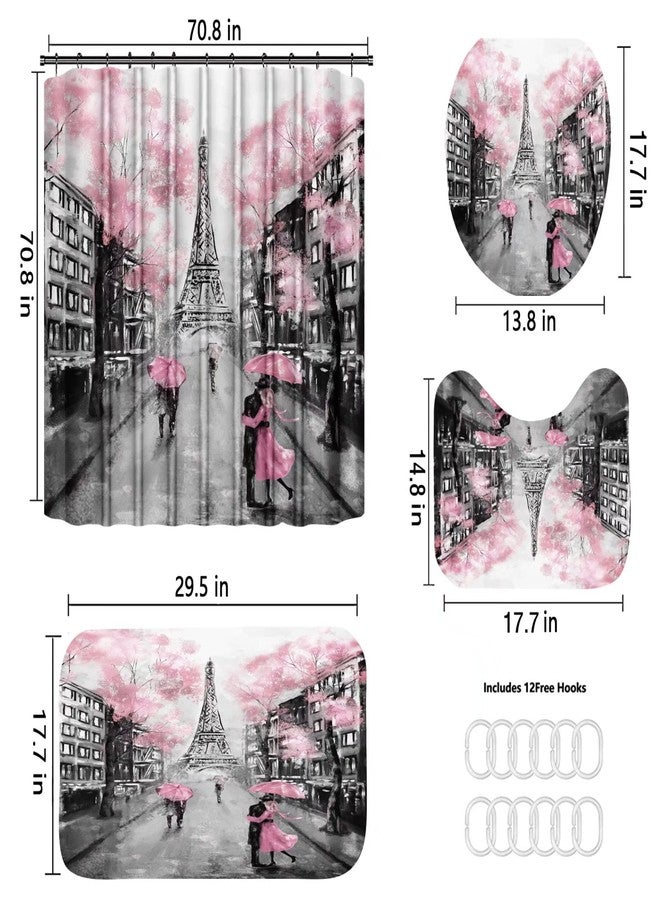 Chrainy 4Pcs Paris Eiffel Tower Pink Shower Curtain Sets Bathroom Set Decor with Non-Slip Rugs Bath U-Shaped Mat Toilet Lid Cover Waterproof Valentine Bathroom Curtains Shower Set with 12 Hooks - Image 5