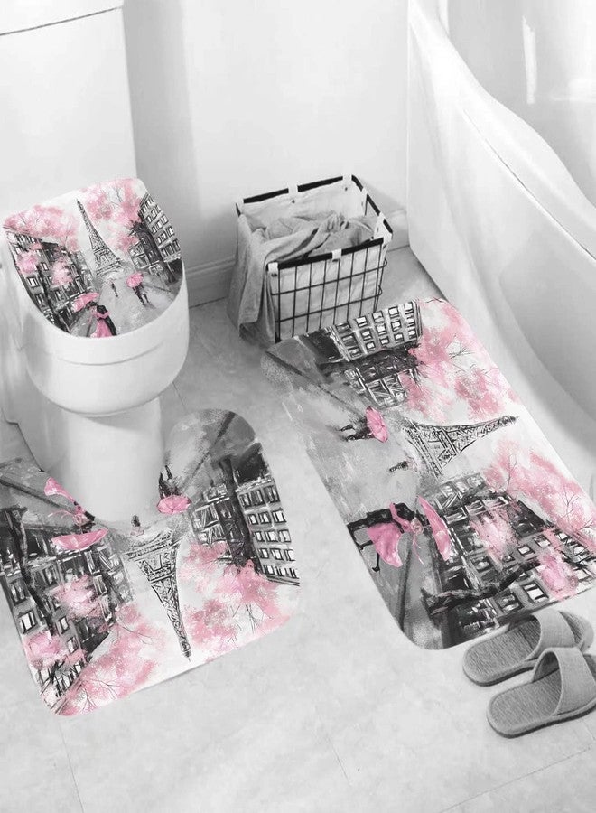 Chrainy 4Pcs Paris Eiffel Tower Pink Shower Curtain Sets Bathroom Set Decor with Non-Slip Rugs Bath U-Shaped Mat Toilet Lid Cover Waterproof Valentine Bathroom Curtains Shower Set with 12 Hooks - Image 4