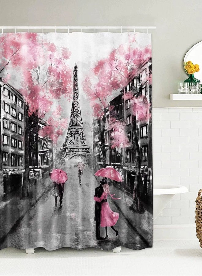 Chrainy 4Pcs Paris Eiffel Tower Pink Shower Curtain Sets Bathroom Set Decor with Non-Slip Rugs Bath U-Shaped Mat Toilet Lid Cover Waterproof Valentine Bathroom Curtains Shower Set with 12 Hooks - Image 2