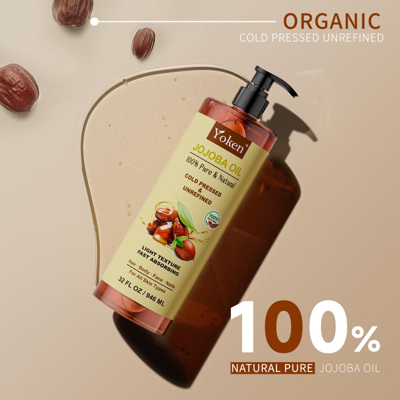 Yoken 32 fl oz (EWG Verified) 100% Pure Jojoba Carrier Oil - Unrefined, Hexane-Free, Cold Pressed for Skin, Face, Hair, Nails, and Massage - Image 3