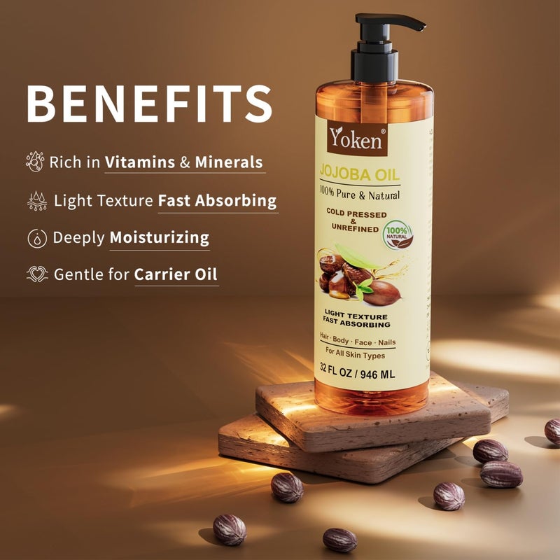 Yoken 32 fl oz (EWG Verified) 100% Pure Jojoba Carrier Oil - Unrefined, Hexane-Free, Cold Pressed for Skin, Face, Hair, Nails, and Massage - Image 4