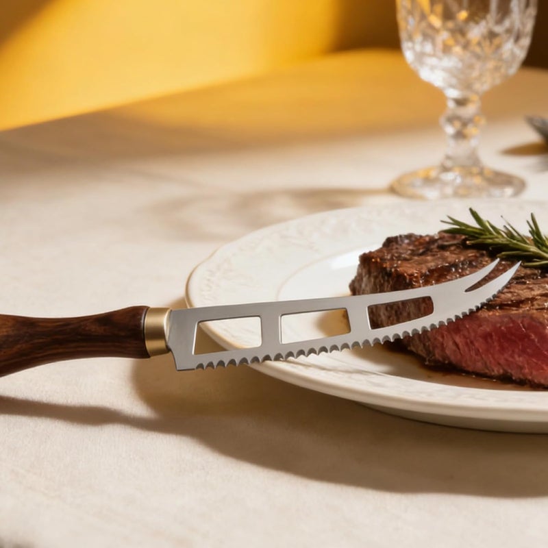 Rosewood Handle Cheese Knife, 420 Stainless Steel, Serrated Blade, Dual-Prong Tip, 7 in / 17.9 Cm for Slicing and Serving Cheese, Kitchen Utensil, Restaurant Ready - Image 2