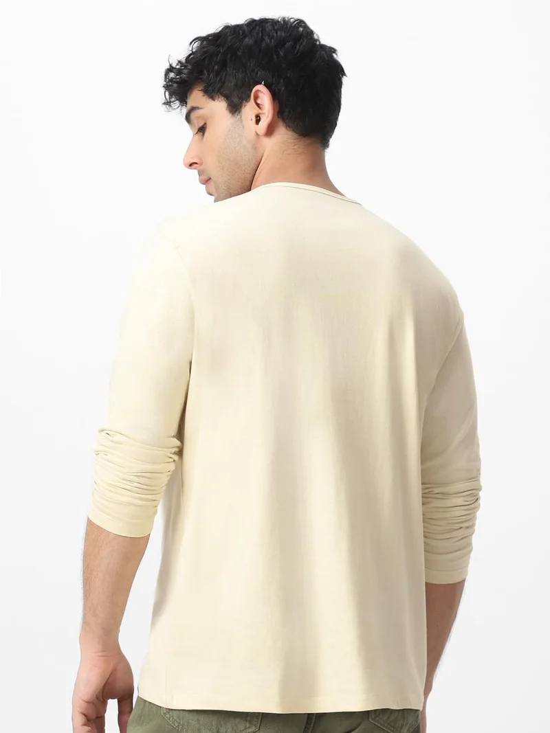 Urbano Fashion  Urbano Fashion Men's Cloud Cream Solid Henley Neck Slim Fit Full Sleeve Cotton T-Shirt  | Best Price UAE