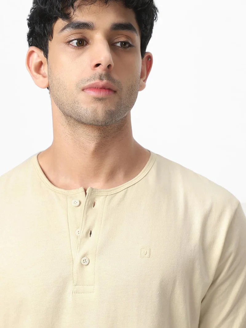 Urbano Fashion  Urbano Fashion Men's Cloud Cream Solid Henley Neck Slim Fit Full Sleeve Cotton T-Shirt  | Best Price UAE