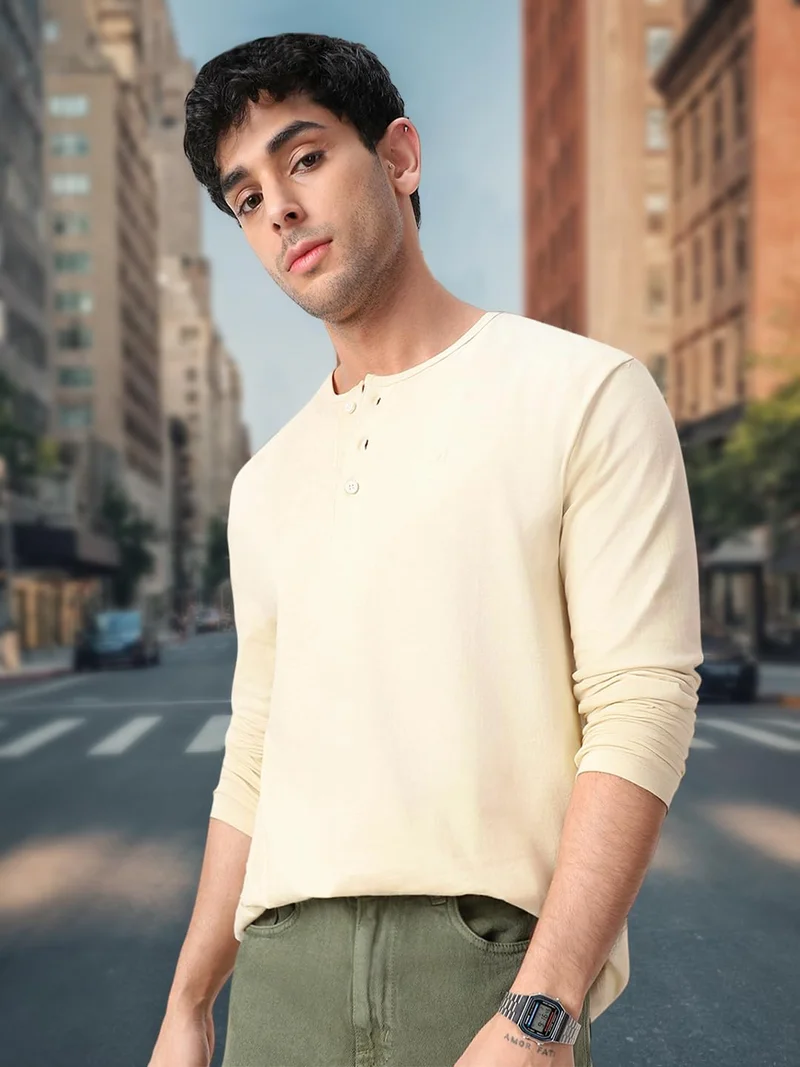 Urbano Fashion  Urbano Fashion Men's Cloud Cream Solid Henley Neck Slim Fit Full Sleeve Cotton T-Shirt  | Best Price UAE