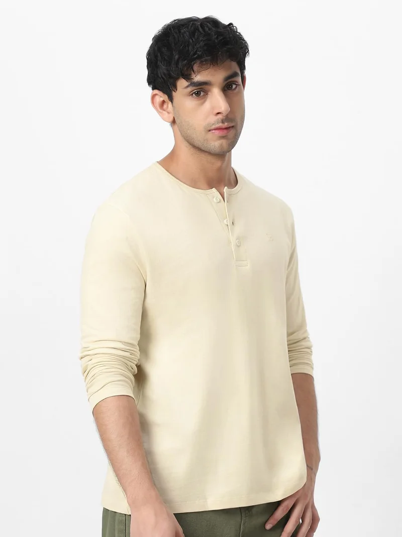 Urbano Fashion  Urbano Fashion Men's Cloud Cream Solid Henley Neck Slim Fit Full Sleeve Cotton T-Shirt  | Best Price UAE