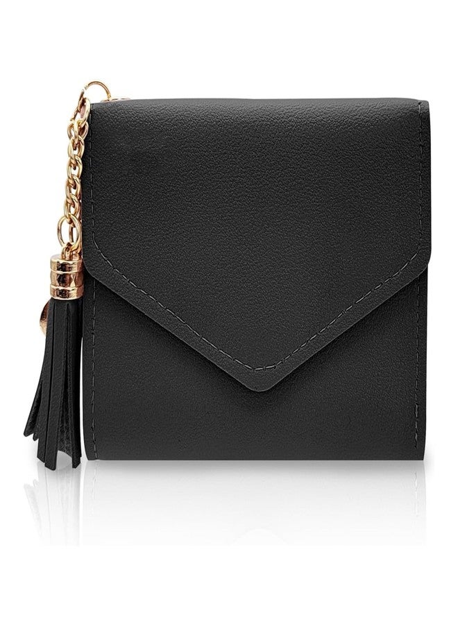 AfitLulu Women’s Wallet, PU Tri-fold Wallet for Women with Heart Pendant and Tassel, 6 Card Slots, 1 ID Window, 1 Cash Compartment, Slim Card Wallet for Girls and Women(Black) - Image 1