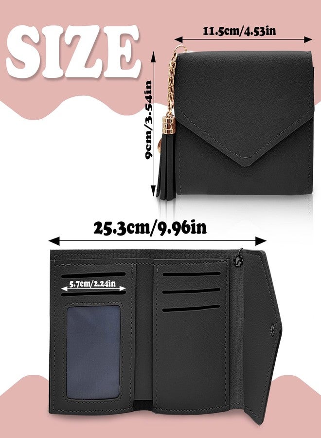 AfitLulu Women’s Wallet, PU Tri-fold Wallet for Women with Heart Pendant and Tassel, 6 Card Slots, 1 ID Window, 1 Cash Compartment, Slim Card Wallet for Girls and Women(Black) - Image 2