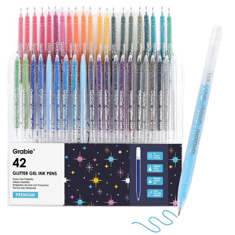 Grabie 42 Capped Glitter Gel Pen Set, 18 Iridescent&24 Essential Color Pens, Smooth Rollerball Tip, Metallic Sparkly Gel Pens for Coloring, Set of 42 Gel Pens Colored - Image 1