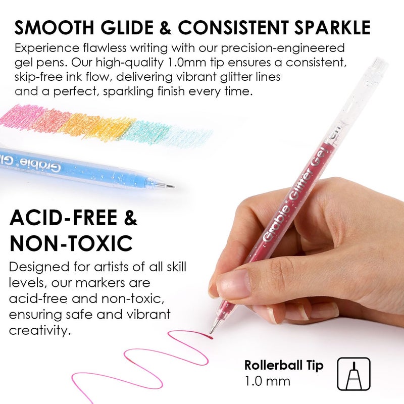 Grabie 42 Capped Glitter Gel Pen Set, 18 Iridescent&24 Essential Color Pens, Smooth Rollerball Tip, Metallic Sparkly Gel Pens for Coloring, Set of 42 Gel Pens Colored - Image 5
