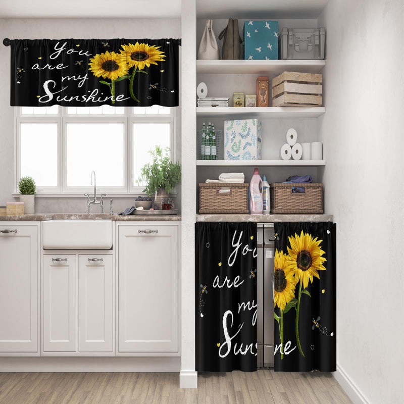 Tayney Sunflower Kitchen Curtains Summer Bees Window Curtains Valance And Tier Set 36 Inch  Watercolor Sunshine Rod Pocket Short Tier Curtain For Kitchen  Black Background Small Kitchen Decor - Image 2
