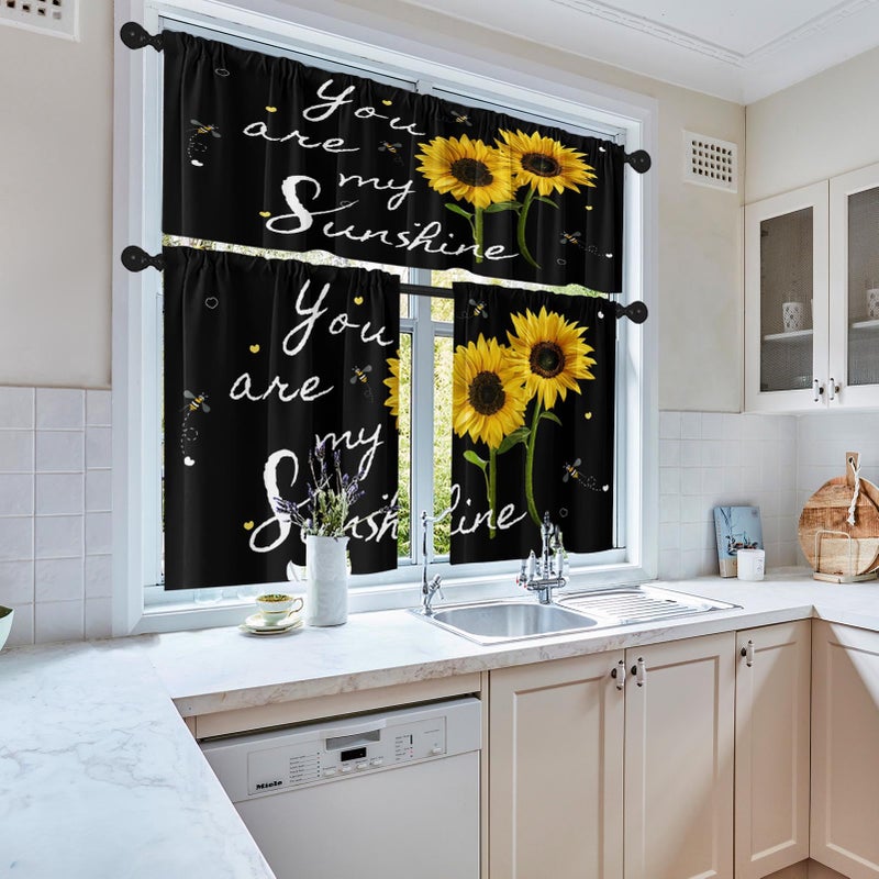 Tayney Sunflower Kitchen Curtains Summer Bees Window Curtains Valance And Tier Set 36 Inch  Watercolor Sunshine Rod Pocket Short Tier Curtain For Kitchen  Black Background Small Kitchen Decor - Image 5