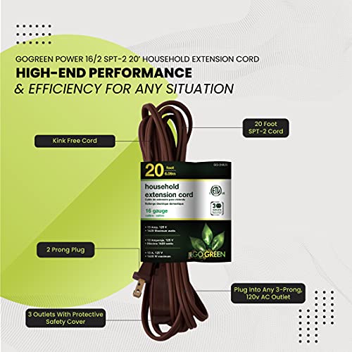 Power By GoGreen كابل تمديد منزلي من Go Green Power Inc. بطول 20 قدم، بني، 3 مآخذ - للاستخدام الداخلي فقط، خالي من التواء، أغطية آمنة للأطفال، مثالي للإلكترونيات اليومية - Image 4