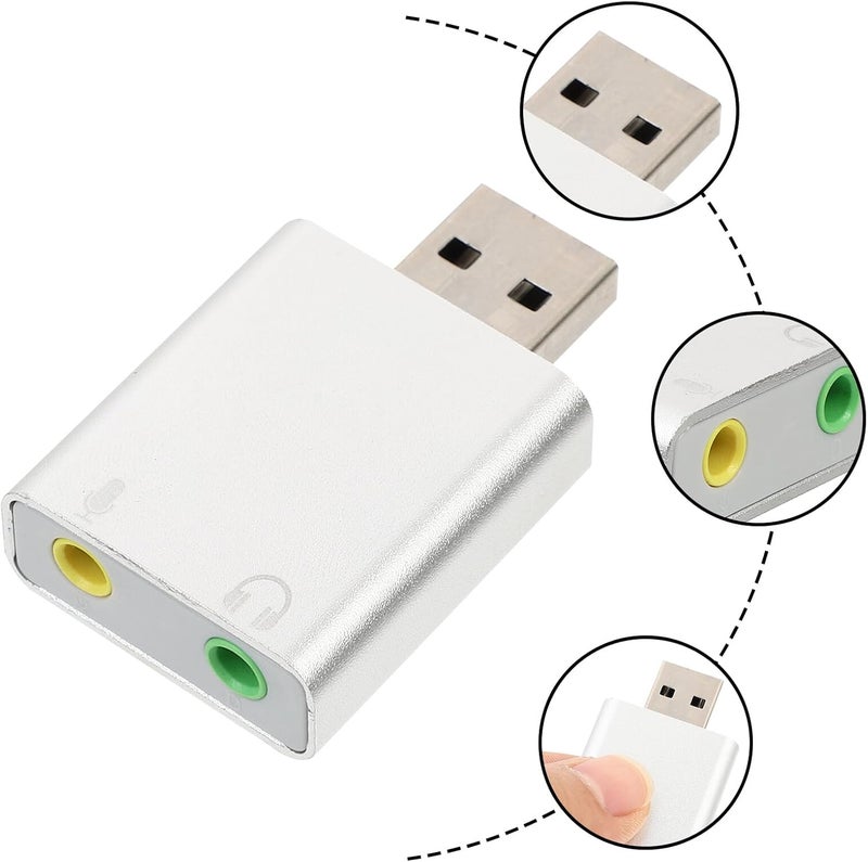 Levemolo USB External Stereo Sound Adapter Aluminum Alloy Compact USB Audio Sound Card with Microphone Headphone Jack for Laptop Gaming and Live Streaming Silver - Image 5