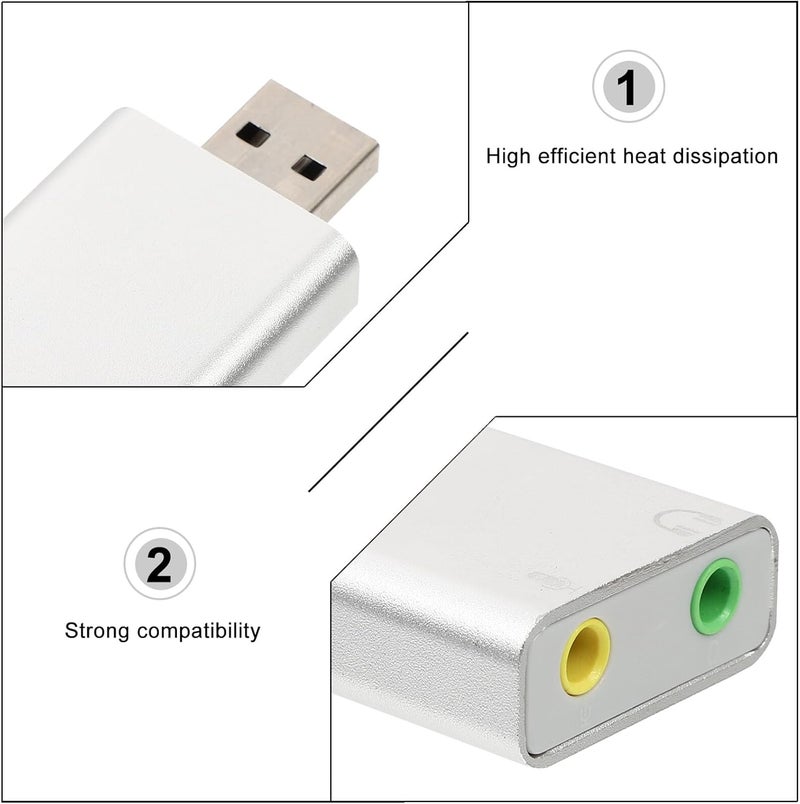 Levemolo USB External Stereo Sound Adapter Aluminum Alloy Compact USB Audio Sound Card with Microphone Headphone Jack for Laptop Gaming and Live Streaming Silver - Image 4
