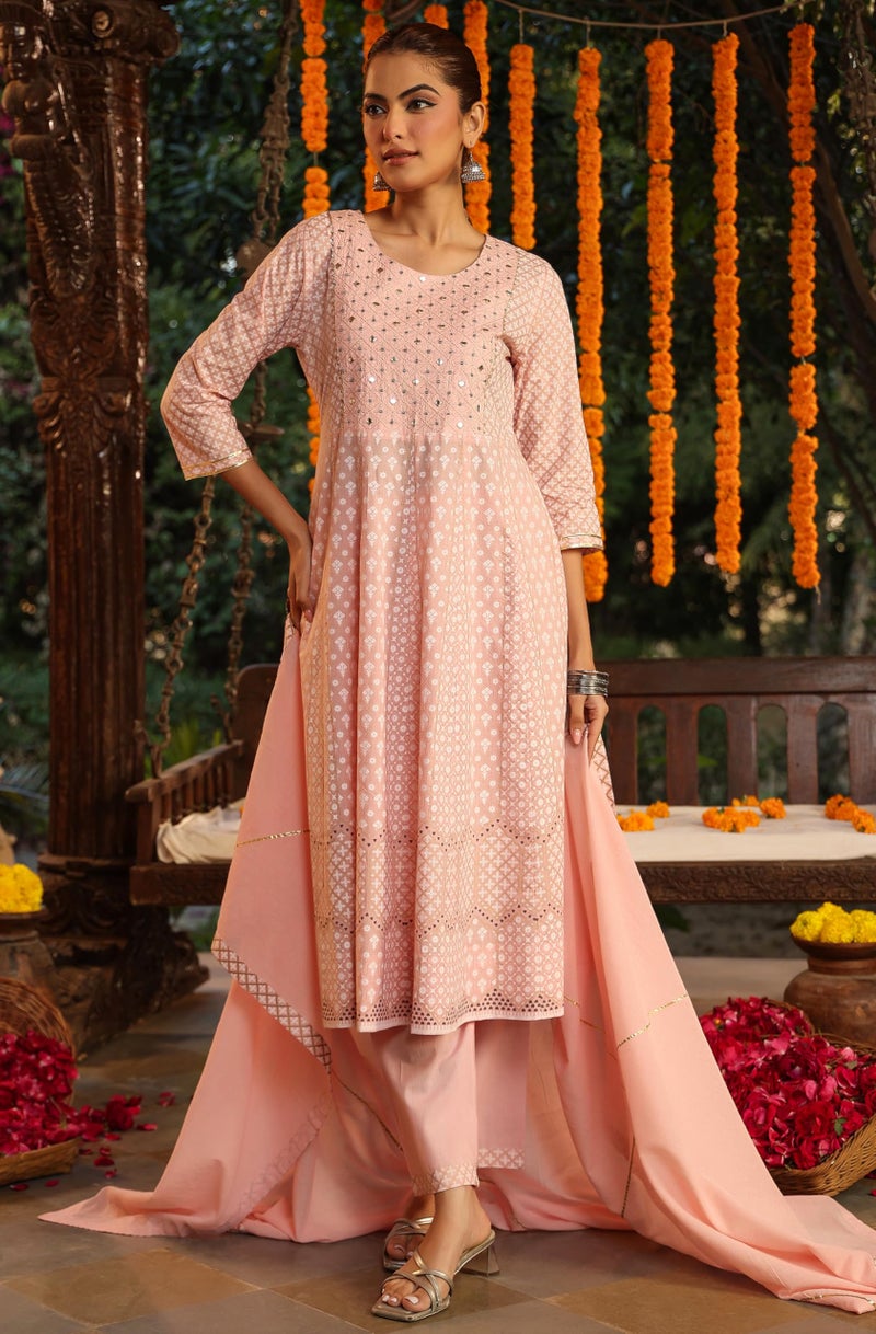 Janasya Pink Pure Cotton Kurta with Pant & Dupatta for Women Ethnic Motifs Print Ethnic Wear - Image 2