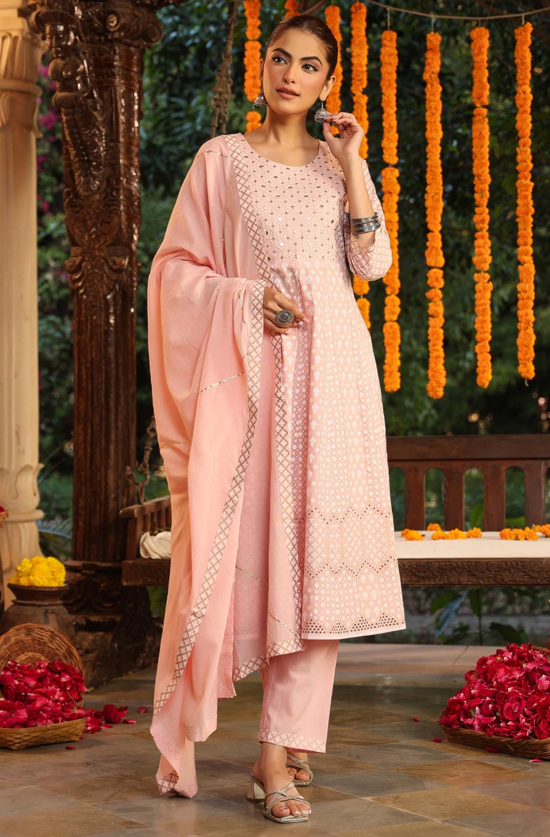 Janasya Pink Pure Cotton Kurta with Pant & Dupatta for Women Ethnic Motifs Print Ethnic Wear - Image 5