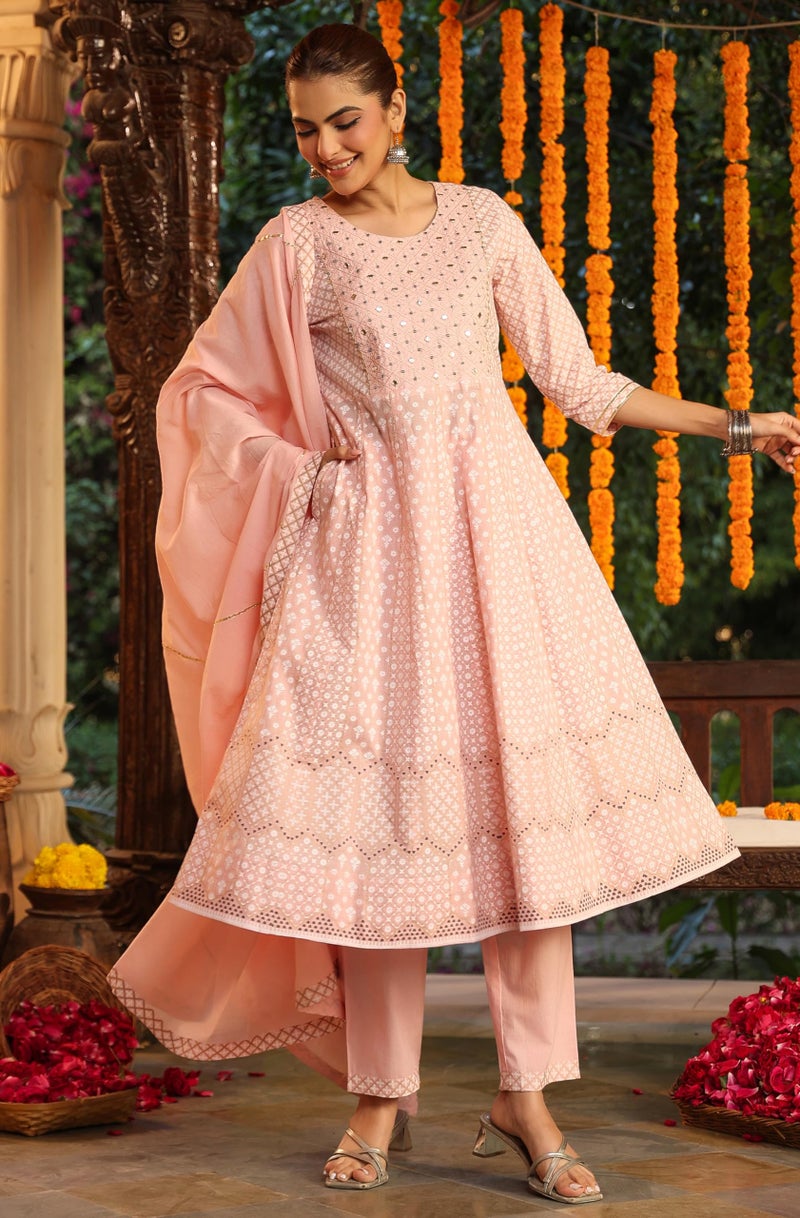 Janasya Pink Pure Cotton Kurta with Pant & Dupatta for Women Ethnic Motifs Print Ethnic Wear - Image 3