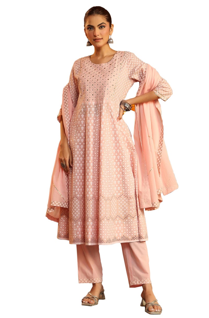 Janasya Pink Pure Cotton Kurta with Pant & Dupatta for Women Ethnic Motifs Print Ethnic Wear - Image 1