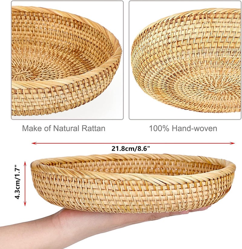YOOJ ® Round Woven Wicker Basket, 8.6" Rattan Key Basket Bowl, Natural Rattan Serving Tray for Snacks Fruit Candy Bread, Handmade Organizer Basket for Kitchen Bedside Living Room (Medium-8.6in) - Image 4