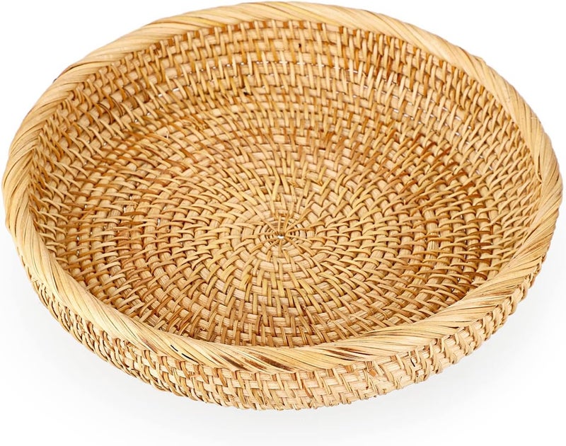 YOOJ ® Round Woven Wicker Basket, 8.6" Rattan Key Basket Bowl, Natural Rattan Serving Tray for Snacks Fruit Candy Bread, Handmade Organizer Basket for Kitchen Bedside Living Room (Medium-8.6in) - Image 1