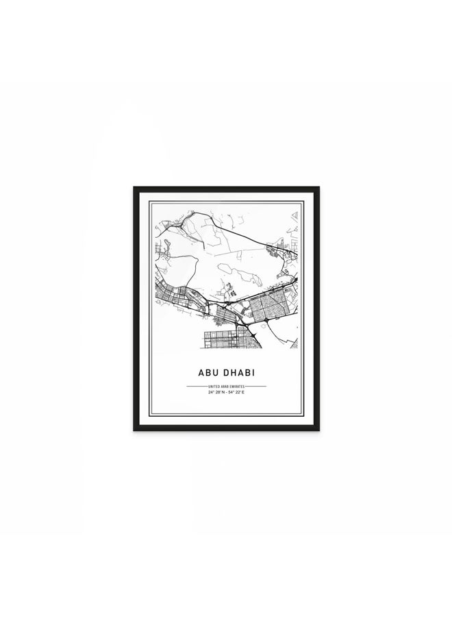 Art Decor Framed Fine Art Portrait Print of Abu Dhabi City Map Wall Art Minimalist Black and White Modern Urban Poster UAE Travel Gift Wall Décor for Home Living Room Office and Gifting - Image 1